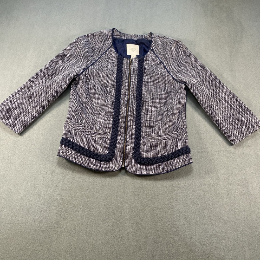 J.Crew Suiting Jacket Womens 0 Navy Blue White Braided Trim Full Zip Tweed Slim